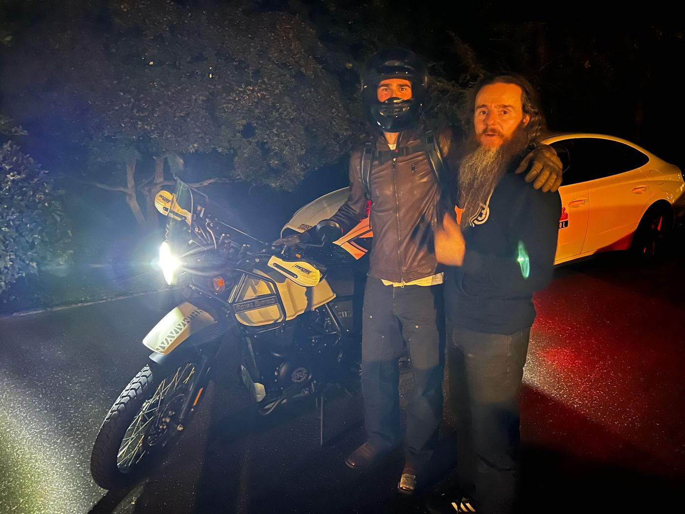 With Peter, late at night after buying the Himalayan